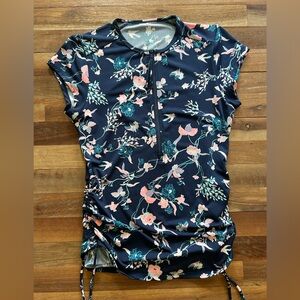 Carve Design Blue Floral Cap Sleeve Water Top with Drawstring S